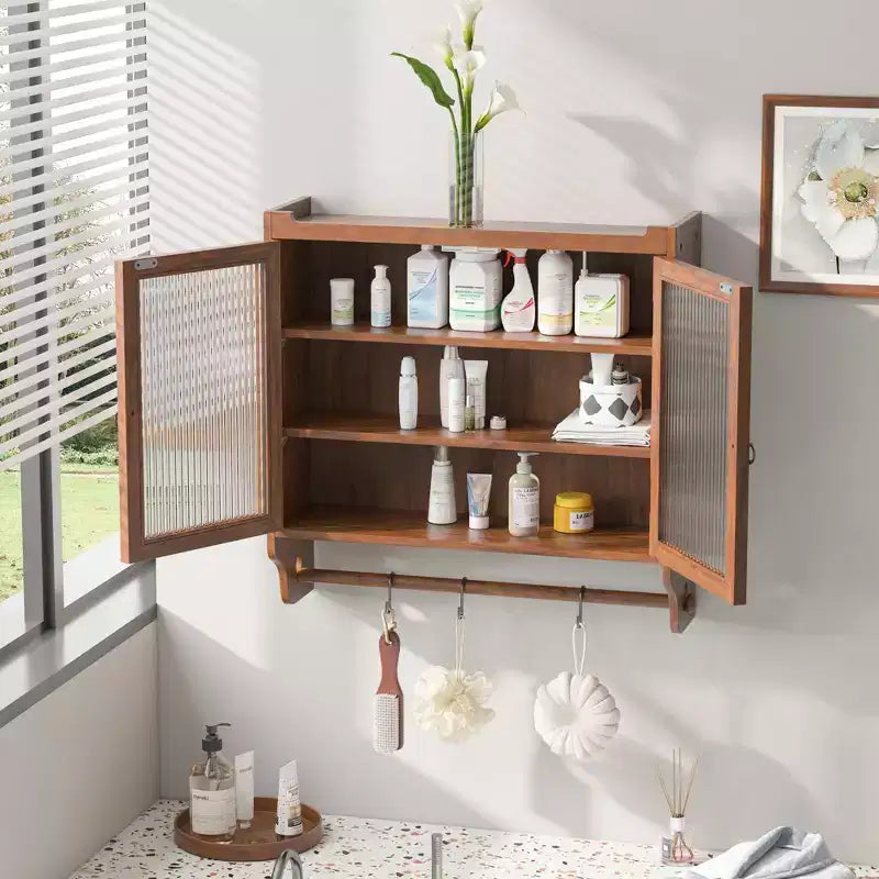 Vintage 2-Door Wall Cabinet with 3-Tier Storage and Towel Rack for Bathroom, Kitchen and Living Room
