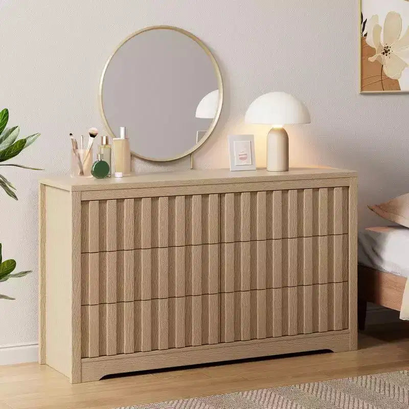 Fluted Dresser for Bedroom with 6 Drawers, 54 Wide Modern Chest of Drawers with Curved Profile, Natural Oak Drawer Organizer
