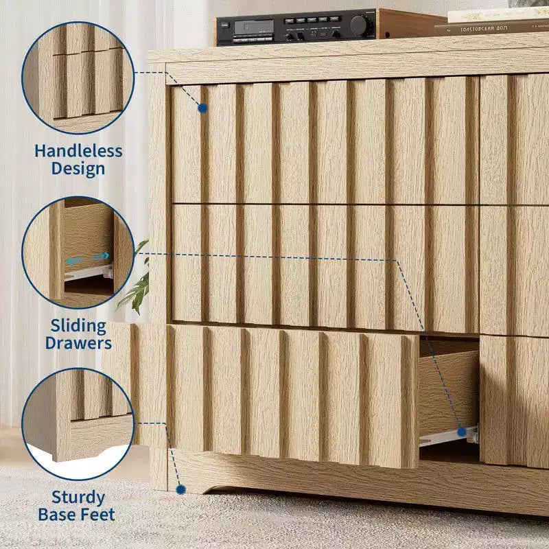 Fluted Dresser for Bedroom with 6 Drawers, 54 Wide Modern Chest of Drawers with Curved Profile, Natural Oak Drawer Organizer