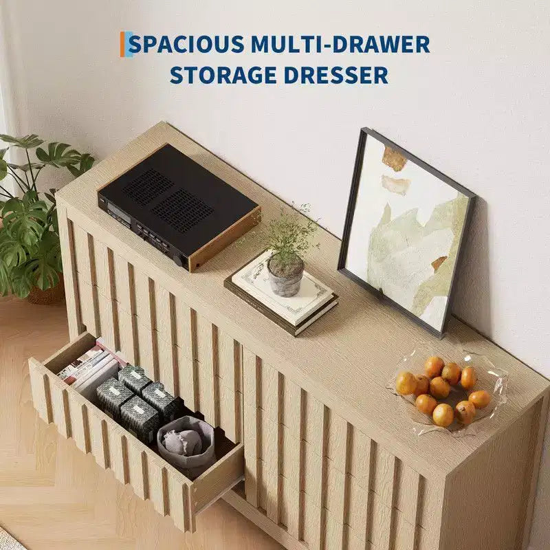Fluted Dresser for Bedroom with 6 Drawers, 54 Wide Modern Chest of Drawers with Curved Profile, Natural Oak Drawer Organizer