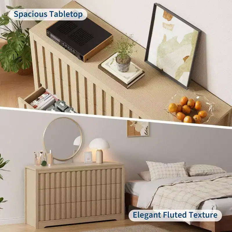 Fluted Dresser for Bedroom with 6 Drawers, 54 Wide Modern Chest of Drawers with Curved Profile, Natural Oak Drawer Organizer