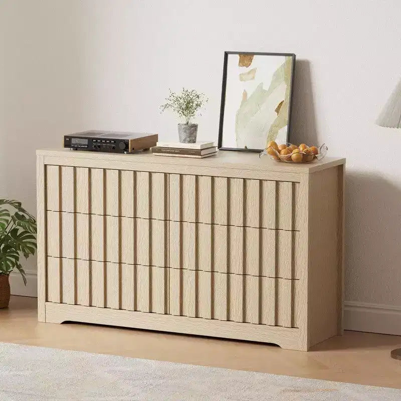 Fluted Dresser for Bedroom with 6 Drawers, 54 Wide Modern Chest of Drawers with Curved Profile, Natural Oak Drawer Organizer