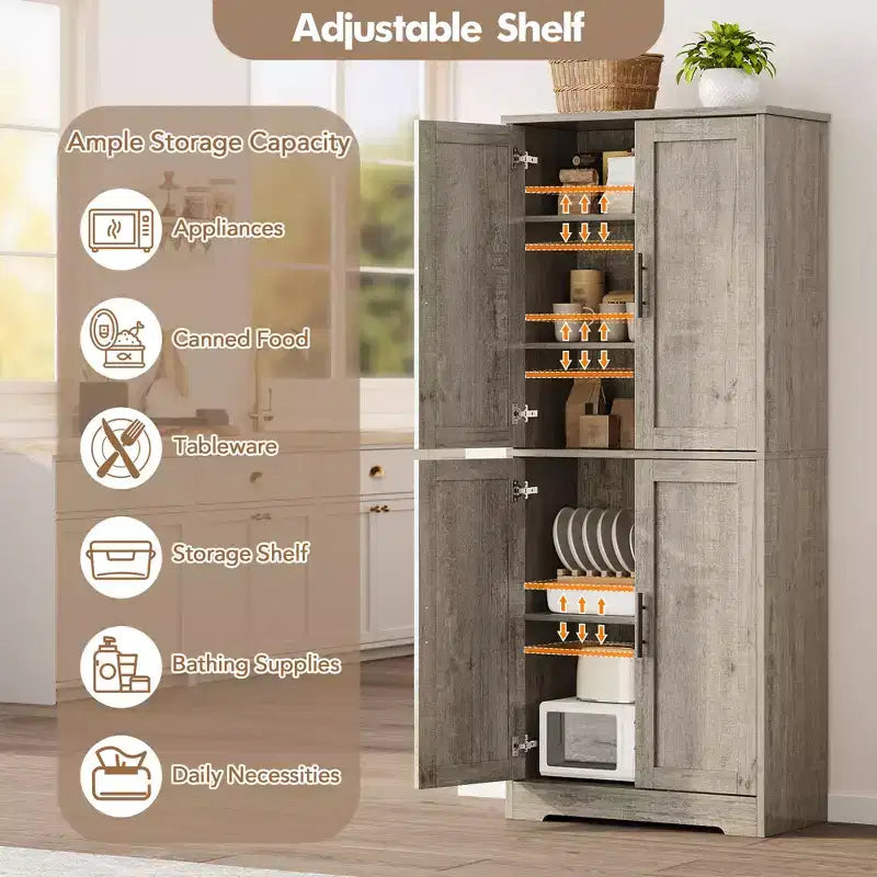 Kitchen Pantry Cabinet with 4 Doors & Adjustable Shelves, Freestanding Utility Storage Cupboard
