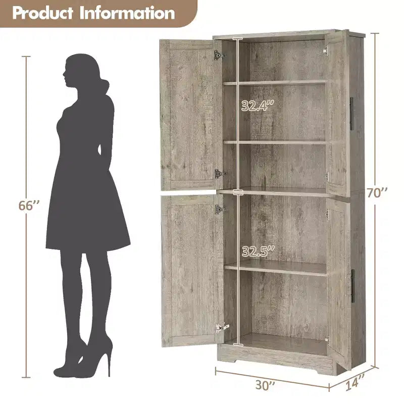 Kitchen Pantry Cabinet with 4 Doors & Adjustable Shelves, Freestanding Utility Storage Cupboard
