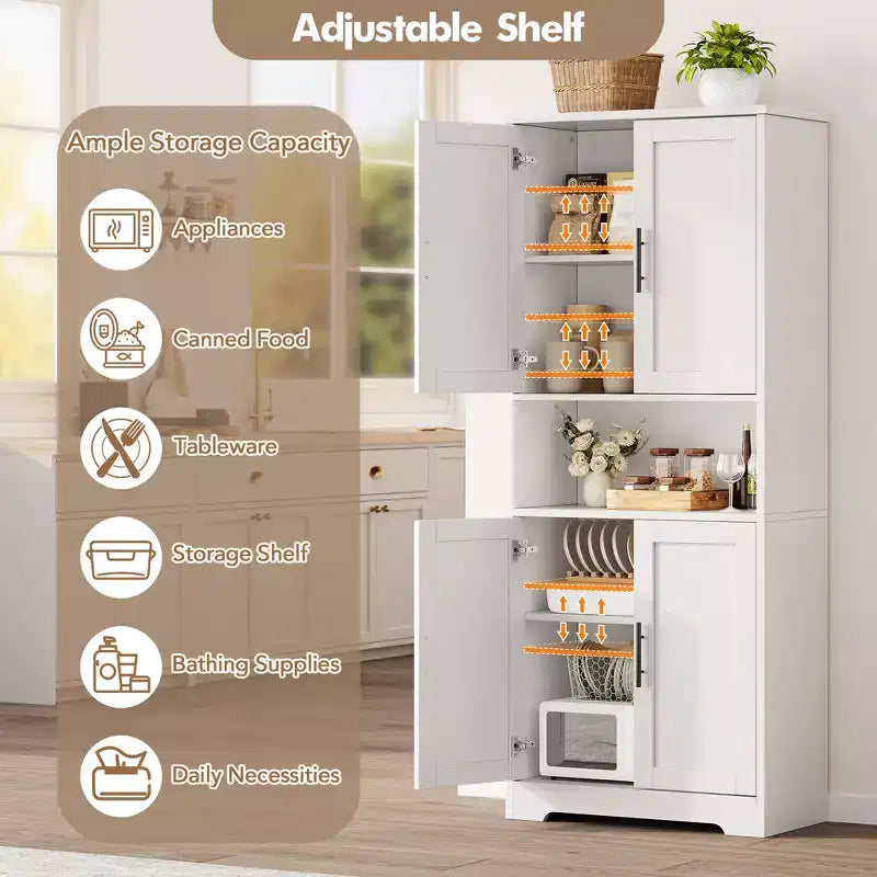 Kitchen Pantry Cabinet with 4 Doors & Adjustable Shelves, Freestanding Utility Storage Cupboard
