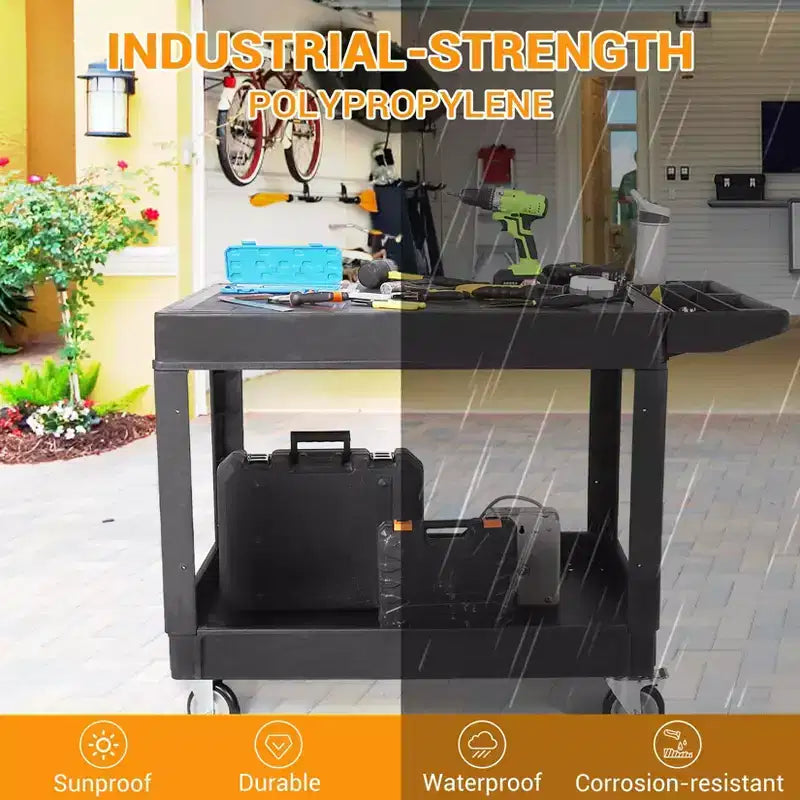 Service Cart - Large Heavy-Duty Plastic Flat Top (45.8 x 25 Inch), 2-Tier with 360 Swivel Wheels (2 with Brakes), 550 lbs Capacity, Black