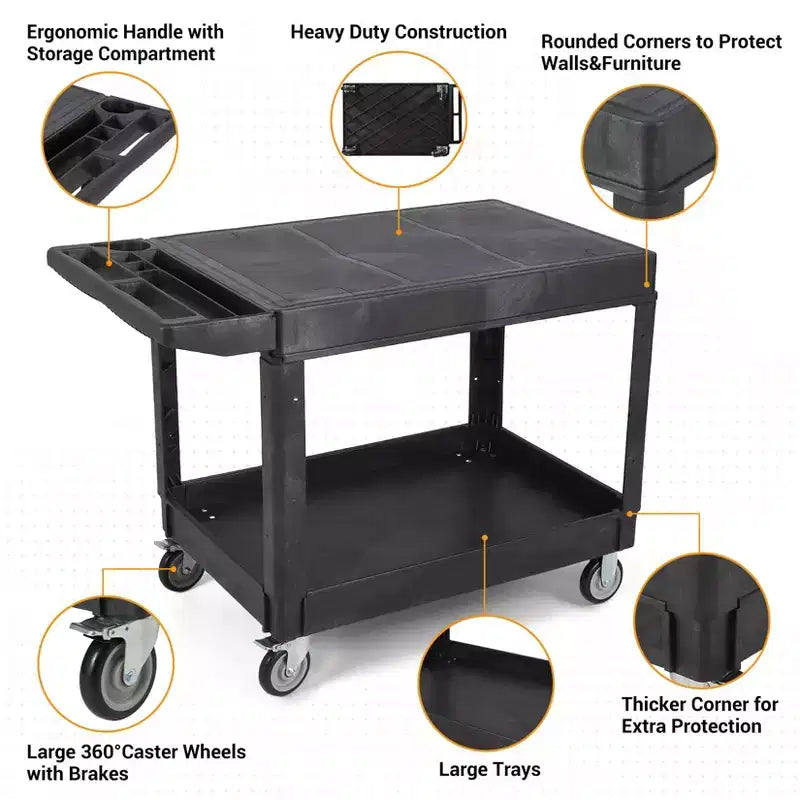 Service Cart - Large Heavy-Duty Plastic Flat Top (45.8 x 25 Inch), 2-Tier with 360 Swivel Wheels (2 with Brakes), 550 lbs Capacity, Black