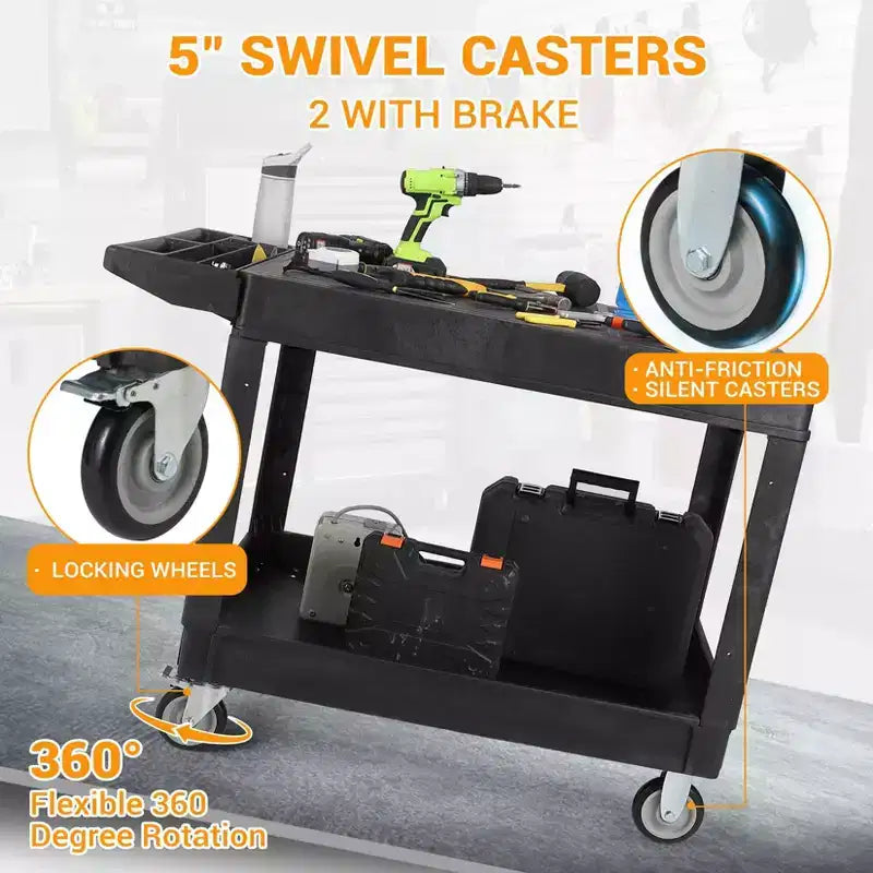 Service Cart - Large Heavy-Duty Plastic Flat Top (45.8 x 25 Inch), 2-Tier with 360 Swivel Wheels (2 with Brakes), 550 lbs Capacity, Black