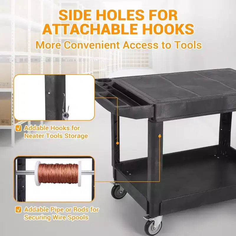Service Cart - Large Heavy-Duty Plastic Flat Top (45.8 x 25 Inch), 2-Tier with 360 Swivel Wheels (2 with Brakes), 550 lbs Capacity, Black