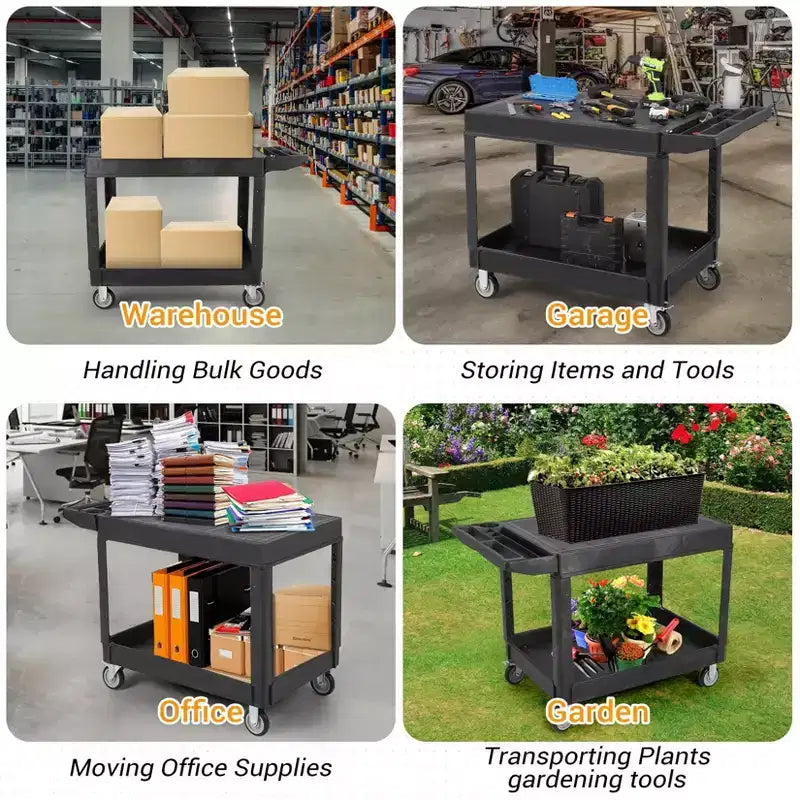 Service Cart - Large Heavy-Duty Plastic Flat Top (45.8 x 25 Inch), 2-Tier with 360 Swivel Wheels (2 with Brakes), 550 lbs Capacity, Black