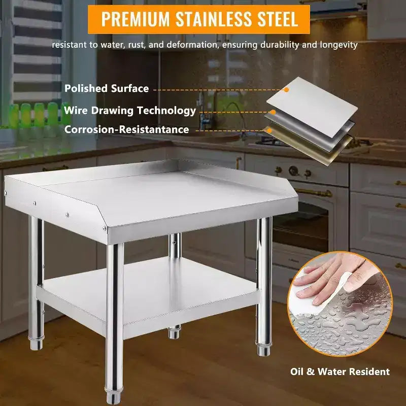 48" Stainless Steel Grill Stand, 1000 lb Rated Commercial Table with Adjustable Legs and Safety Baffle