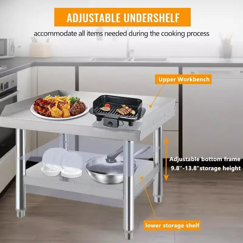 48" Stainless Steel Grill Stand, 1000 lb Rated Commercial Table with Adjustable Legs and Safety Baffle