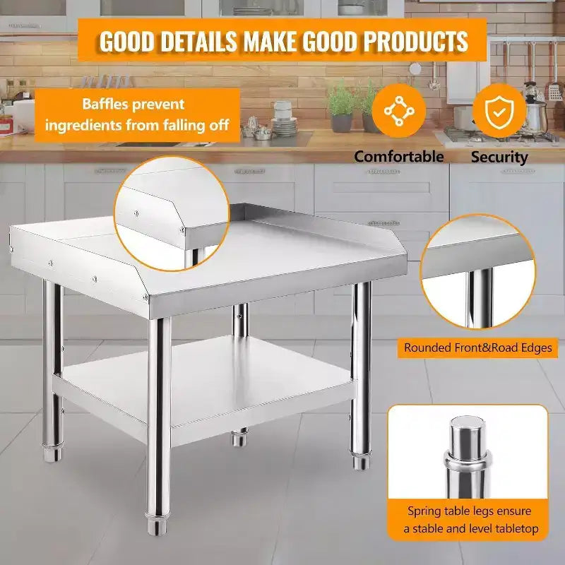 48" Stainless Steel Grill Stand, 1000 lb Rated Commercial Table with Adjustable Legs and Safety Baffle