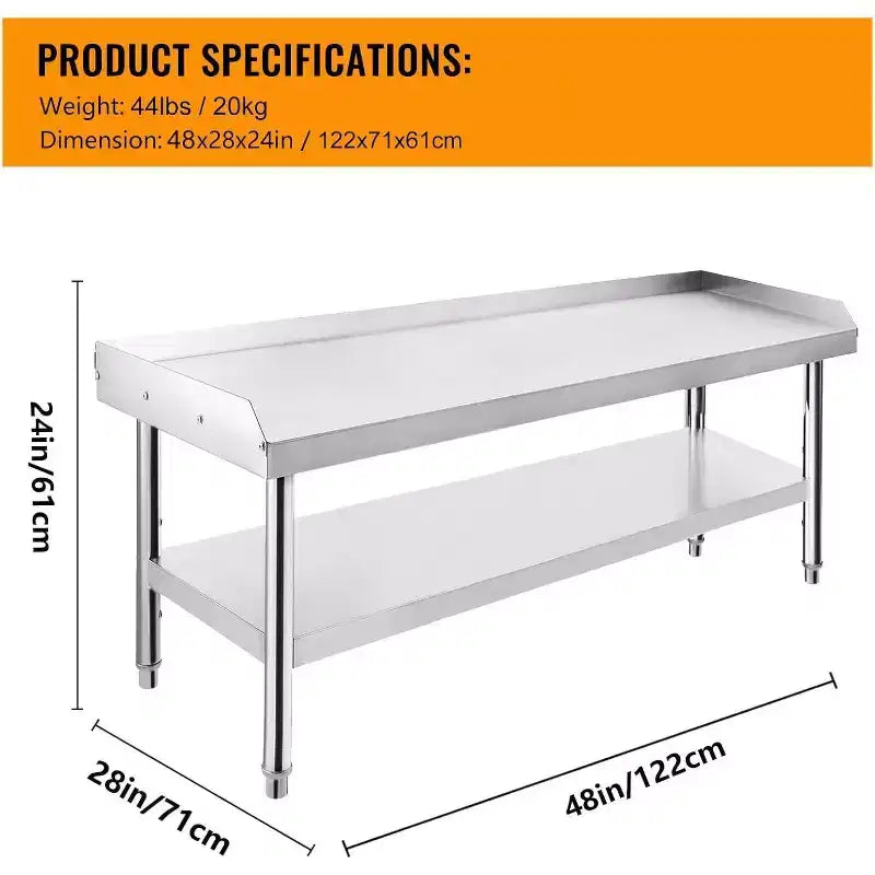 48" Stainless Steel Grill Stand, 1000 lb Rated Commercial Table with Adjustable Legs and Safety Baffle