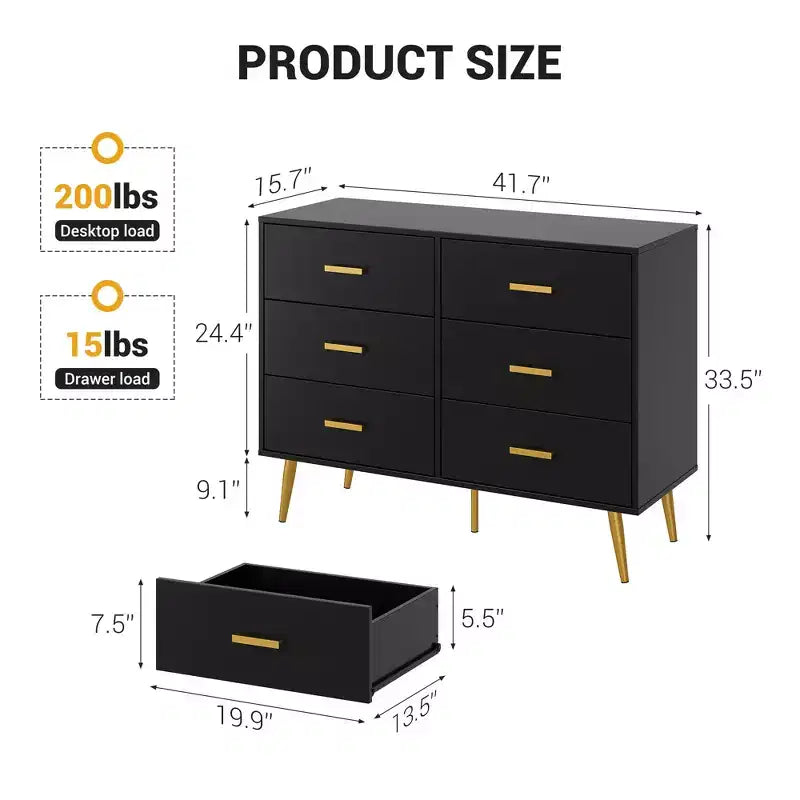Modern 6 Drawer Dresser with Storage Space, Wooden Dresser with Gold Handles, Chest Dresser with Deep Drawers for Bedroom, Living Room and Entryway