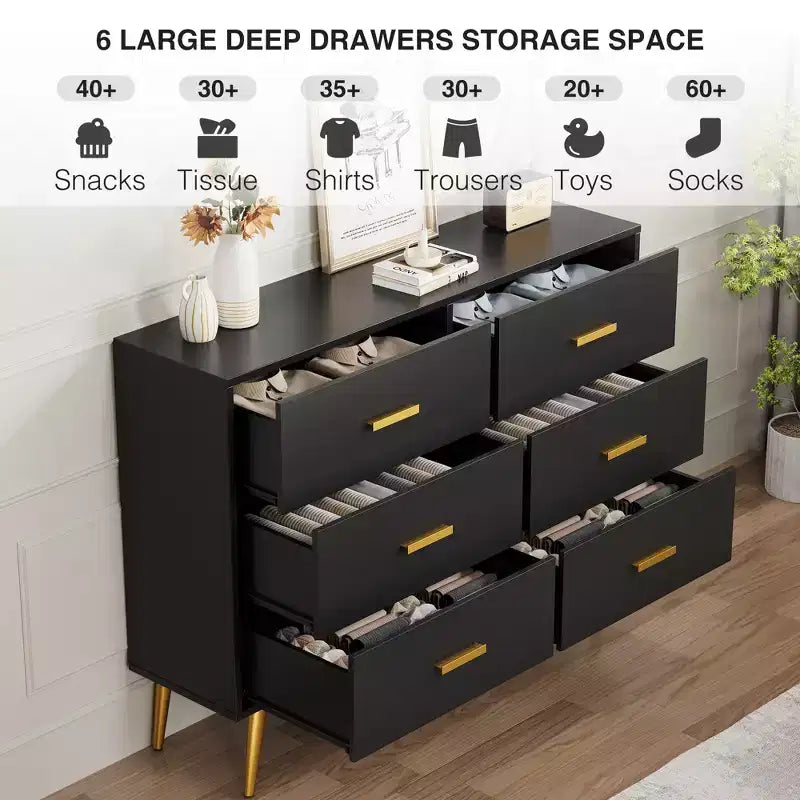 Modern 6 Drawer Dresser with Storage Space, Wooden Dresser with Gold Handles, Chest Dresser with Deep Drawers for Bedroom, Living Room and Entryway