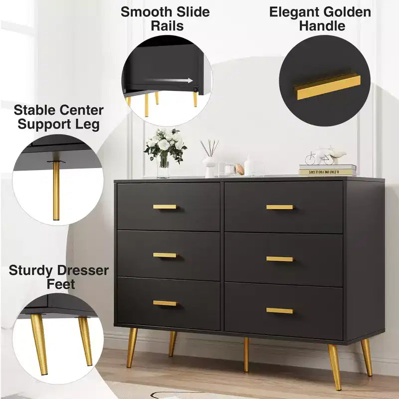 Modern 6 Drawer Dresser with Storage Space, Wooden Dresser with Gold Handles, Chest Dresser with Deep Drawers for Bedroom, Living Room and Entryway