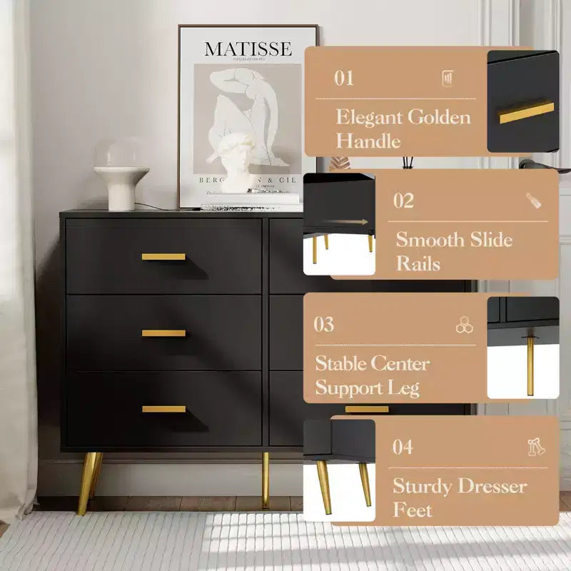 Modern 6 Drawer Dresser with Storage Space, Wooden Dresser with Gold Handles, Chest Dresser with Deep Drawers for Bedroom, Living Room and Entryway