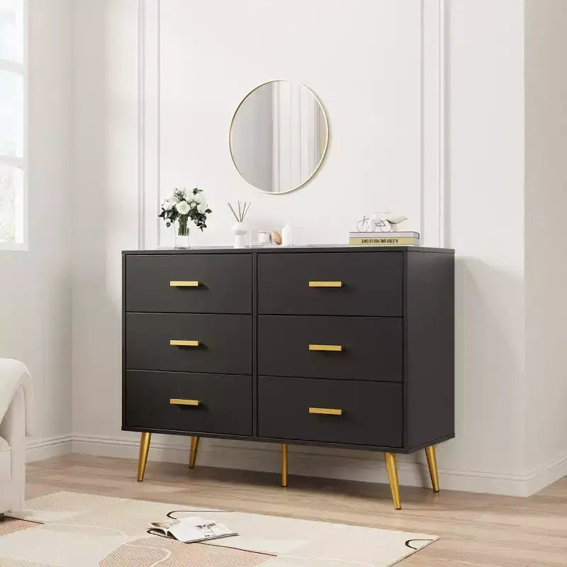 Modern 6 Drawer Dresser with Storage Space, Wooden Dresser with Gold Handles, Chest Dresser with Deep Drawers for Bedroom, Living Room and Entryway