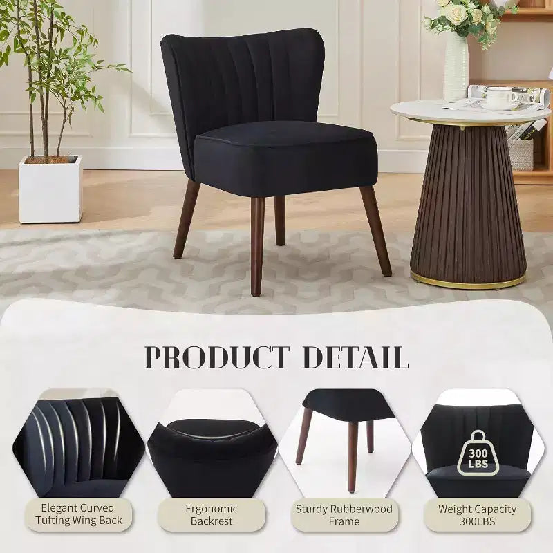Velvet Accent Chair, Modern Wingback Lounge Chair with Wood Legs, Channel Tufted for Living Room and Bedroom