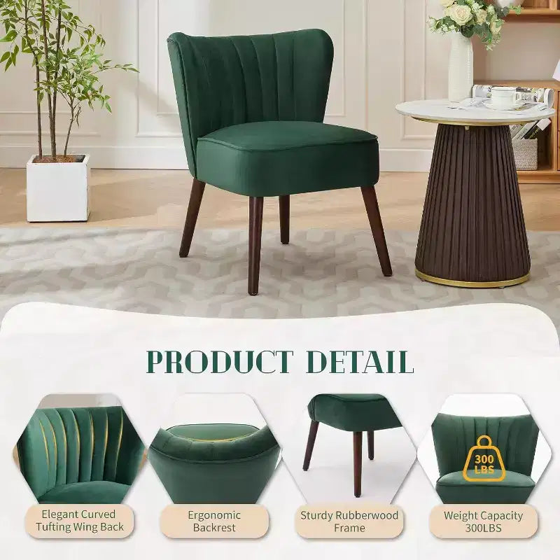 Velvet Accent Chair, Modern Wingback Lounge Chair with Wood Legs, Channel Tufted for Living Room and Bedroom