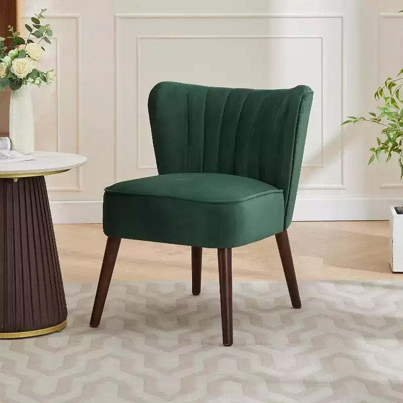 Velvet Accent Chair, Modern Wingback Lounge Chair with Wood Legs, Channel Tufted for Living Room and Bedroom