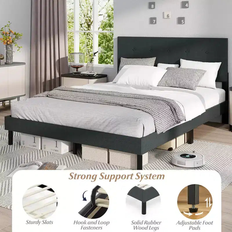 Queen Size Linen Upholstered Platform Bed Frame with Tufted Headboard, Dark Gray