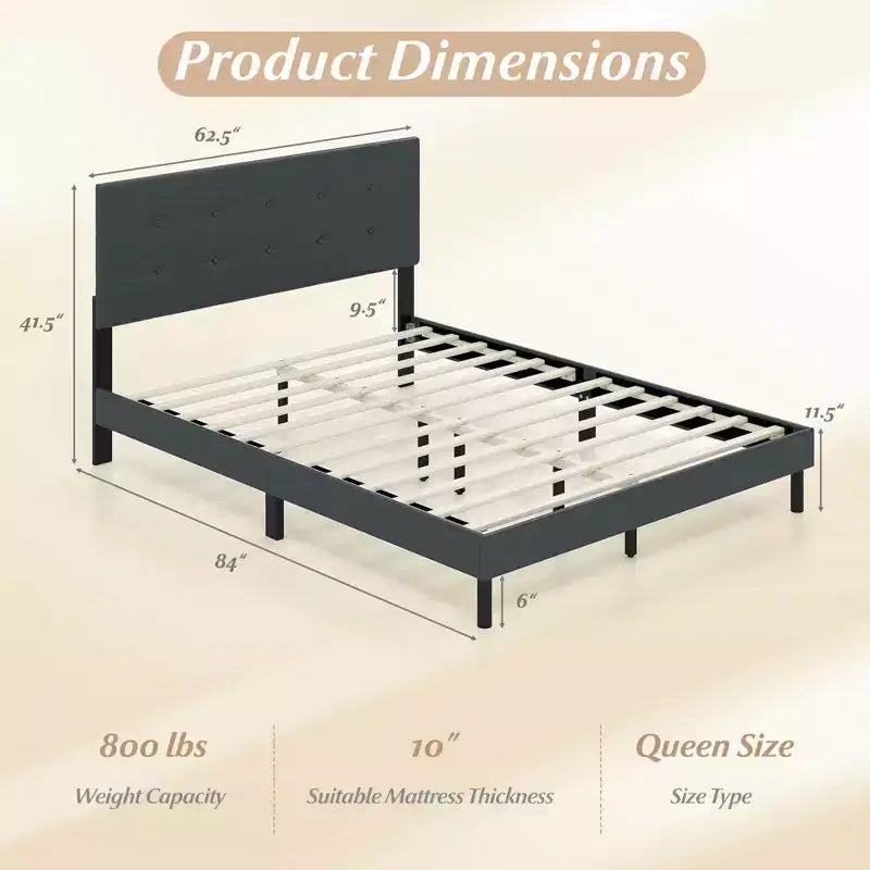 Queen Size Linen Upholstered Platform Bed Frame with Tufted Headboard, Dark Gray