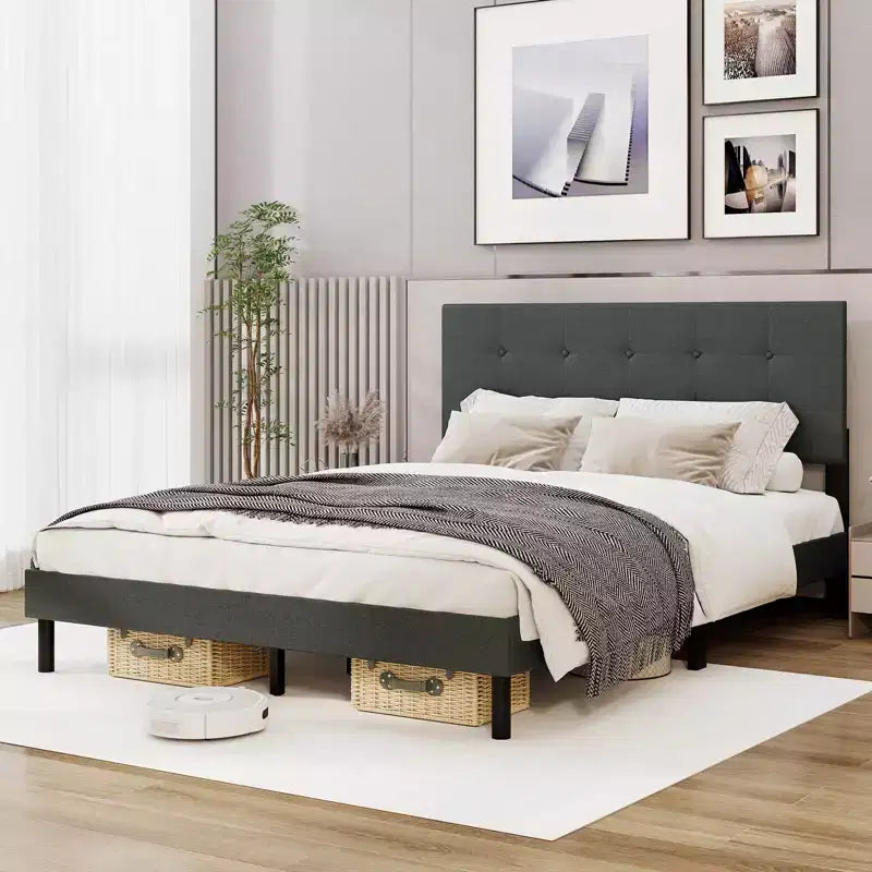 Queen Size Linen Upholstered Platform Bed Frame with Tufted Headboard, Dark Gray