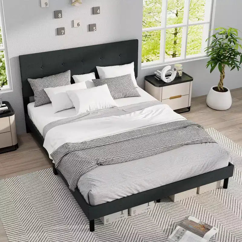 Queen Size Linen Upholstered Platform Bed Frame with Tufted Headboard, Dark Gray