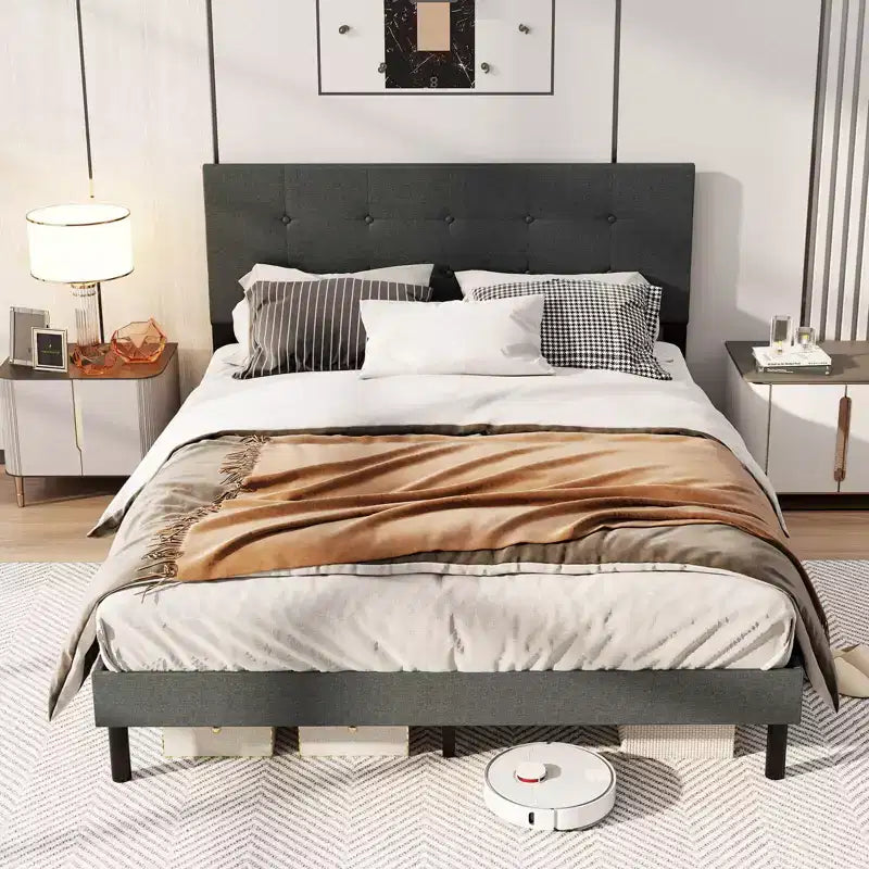 Queen Size Linen Upholstered Platform Bed Frame with Tufted Headboard, Dark Gray