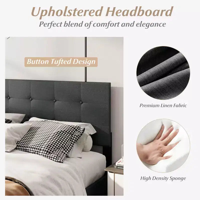 Queen Size Linen Upholstered Platform Bed Frame with Tufted Headboard, Dark Gray