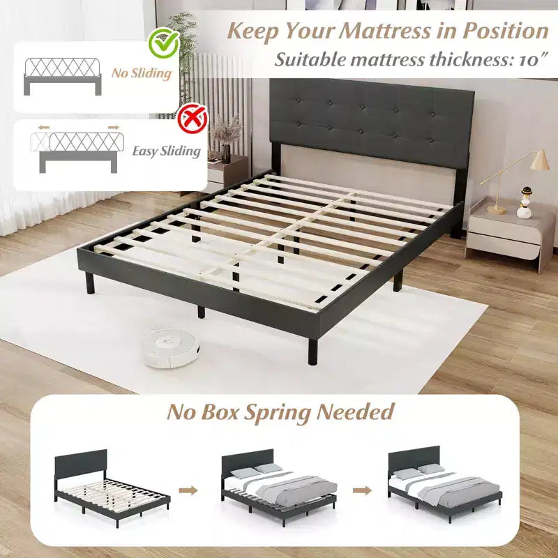 Queen Size Linen Upholstered Platform Bed Frame with Tufted Headboard, Dark Gray