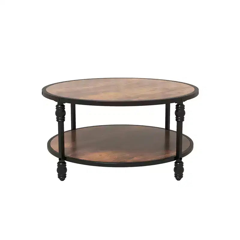 Small Round 2-Tier Coffee Table with Storage Shelf & Metal Frame, Rustic Brown