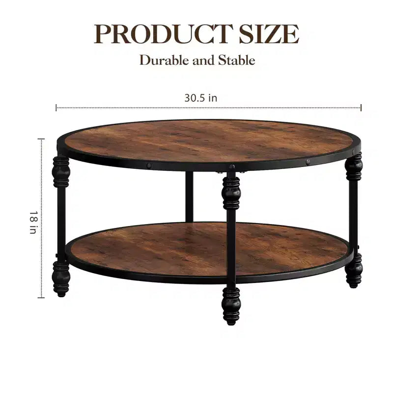 Small Round 2-Tier Coffee Table with Storage Shelf & Metal Frame, Rustic Brown