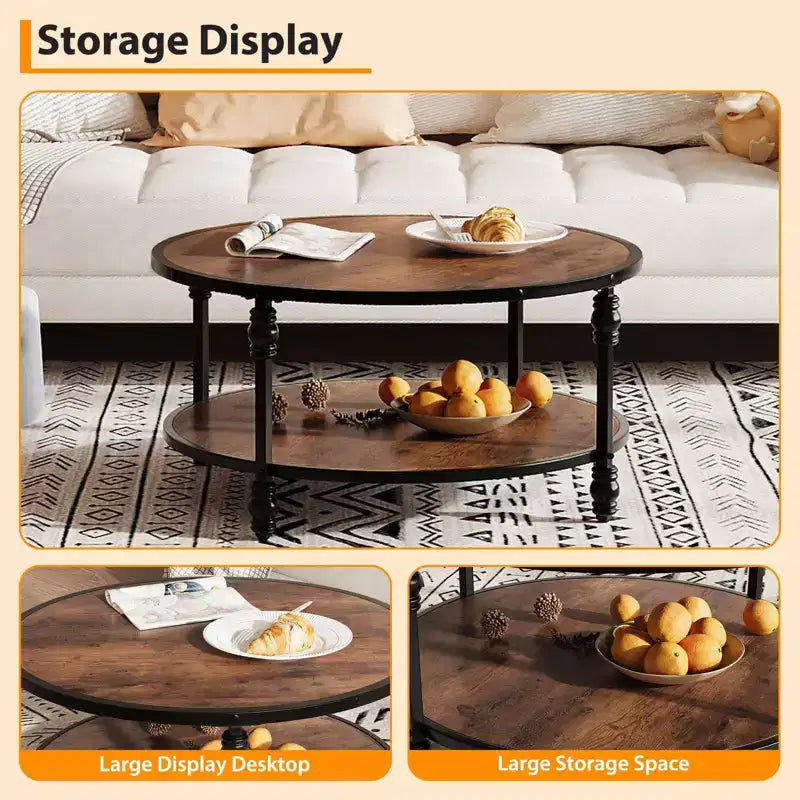 Small Round 2-Tier Coffee Table with Storage Shelf & Metal Frame, Rustic Brown