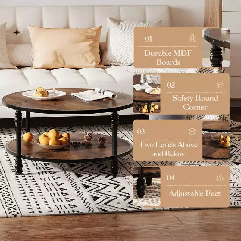 Small Round 2-Tier Coffee Table with Storage Shelf & Metal Frame, Rustic Brown