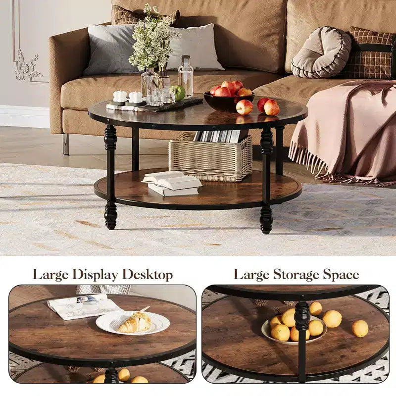 Small Round 2-Tier Coffee Table with Storage Shelf & Metal Frame, Rustic Brown
