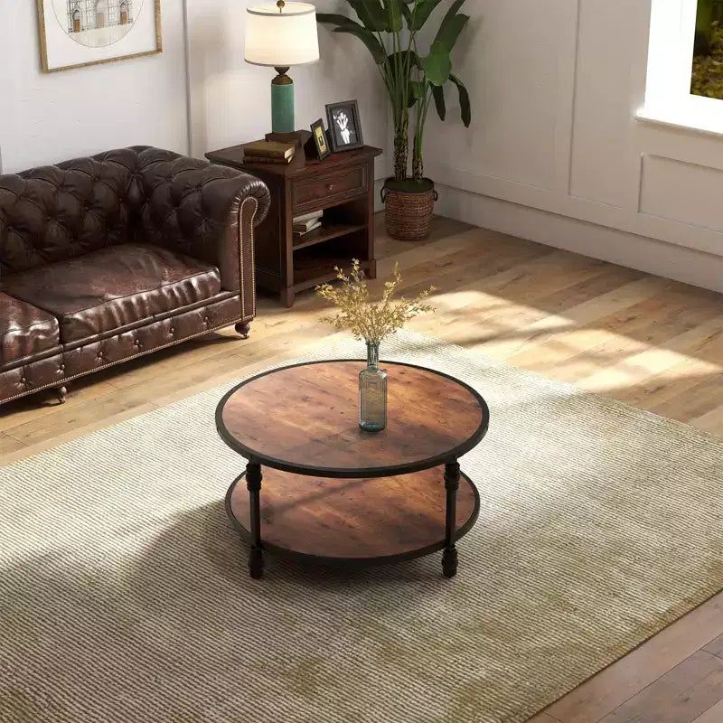 Small Round 2-Tier Coffee Table with Storage Shelf & Metal Frame, Rustic Brown