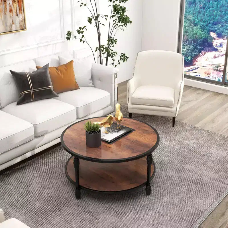 Small Round 2-Tier Coffee Table with Storage Shelf & Metal Frame, Rustic Brown