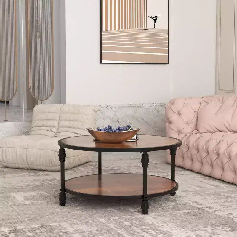 Small Round 2-Tier Coffee Table with Storage Shelf & Metal Frame, Rustic Brown