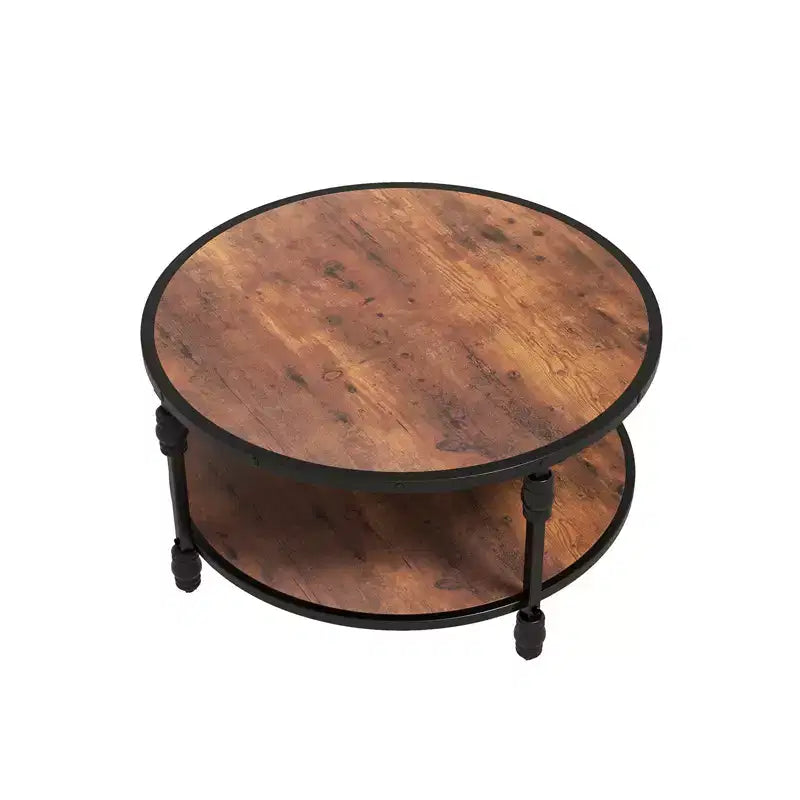 Small Round 2-Tier Coffee Table with Storage Shelf & Metal Frame, Rustic Brown
