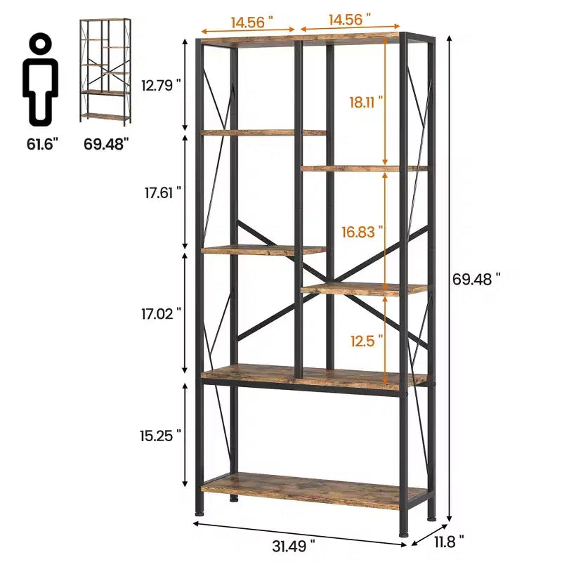 5-Tier 69" Tall Bookshelf with Metal Frame, Rustic Open Shelves for Bedroom, Living Room and Home Office, Brown
