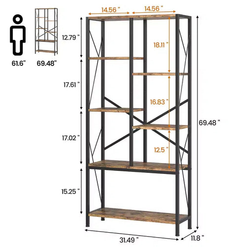 Étagère à 5 niveaux de 175 cm de haut avec cadre métallique, étagères ouvertes rustiques pour chambre, salon et bureau à domicile, marron