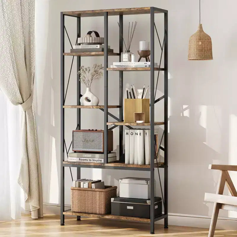 5-Tier 69" Tall Bookshelf with Metal Frame, Rustic Open Shelves for Bedroom, Living Room and Home Office, Brown