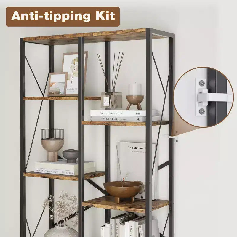 5-Tier 69" Tall Bookshelf with Metal Frame, Rustic Open Shelves for Bedroom, Living Room and Home Office, Brown