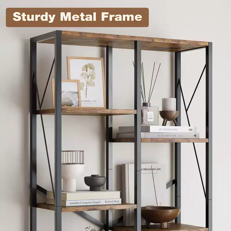 5-Tier 69" Tall Bookshelf with Metal Frame, Rustic Open Shelves for Bedroom, Living Room and Home Office, Brown