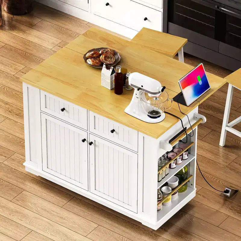 Kitchen Island with Drop Leaf, Power Outlet, 5 Wheels and 5 Open Side Racks, White