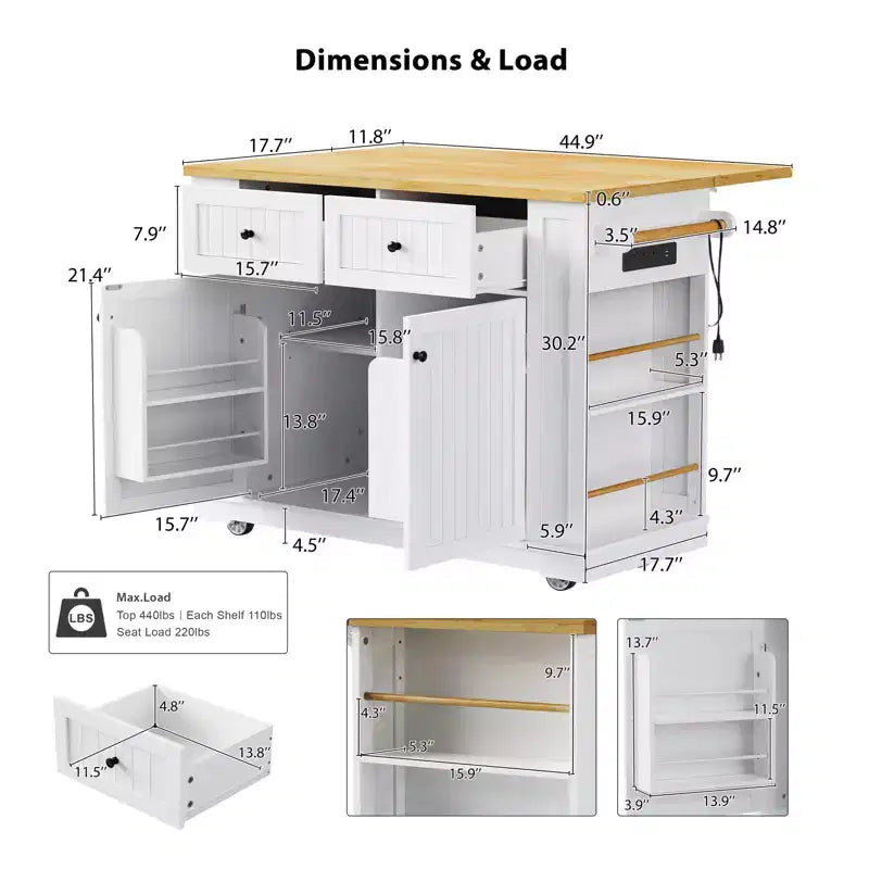 Kitchen Island with Drop Leaf, Power Outlet, 5 Wheels and 5 Open Side Racks, White
