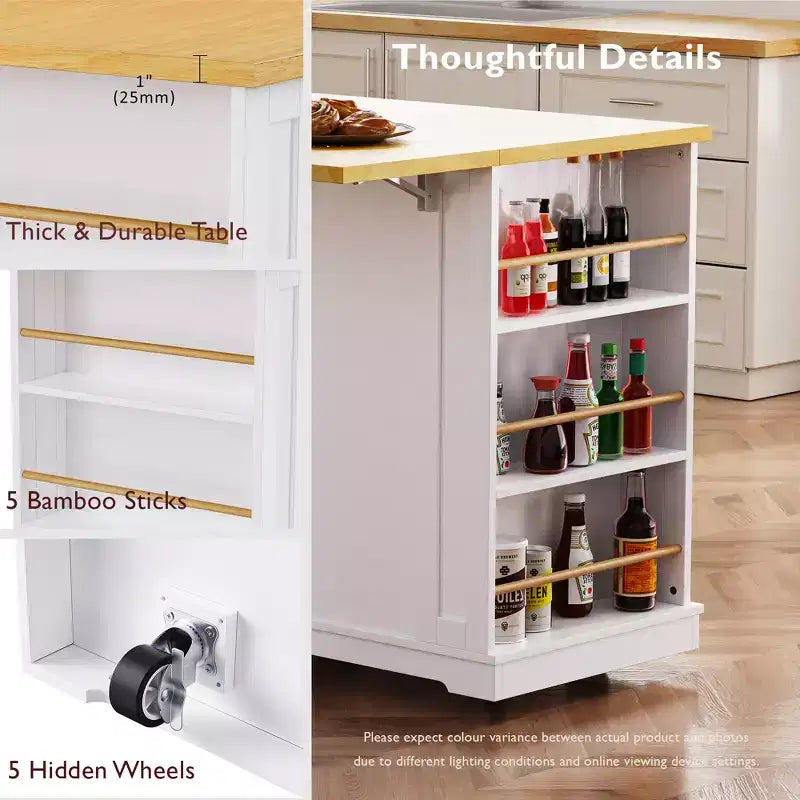 Kitchen Island with Drop Leaf, Power Outlet, 5 Wheels and 5 Open Side Racks, White